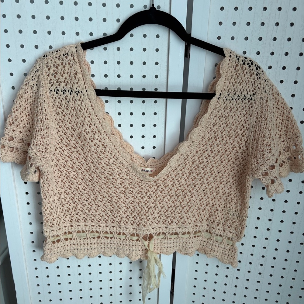 Ralph Lauren Polo Jeans Crochet Knit V-Neck Top - peach